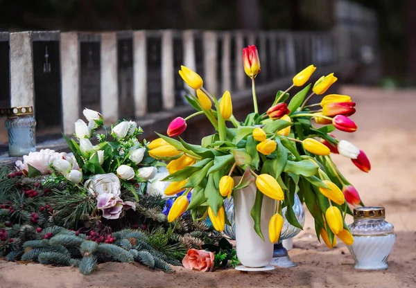 Tombstones Natural Artificial Flowers Tombs Warriors Lithuania Kaunas — Stock Photo, Image