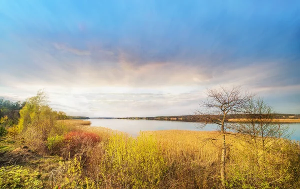 Panorámás Színes Kilátás Nyílik Tóra Naplementében Tavasszal Litvánia Kauno Marios — Stock Fotó