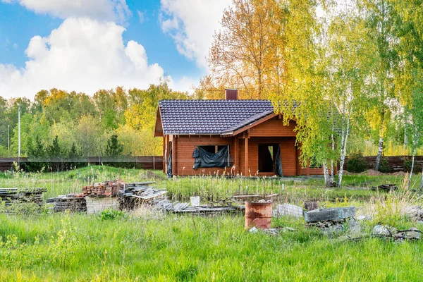 Construction Une Maison Bois Avec Toit Carrelé Printemps — Photo