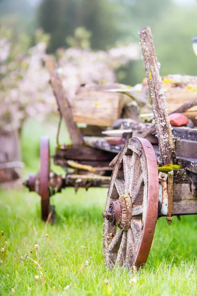 老旧的木制马车 春天的草地上有生锈的轮子 — 图库照片