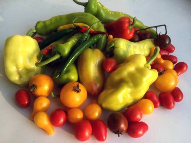 Kırmızı yeşil sarı renkli çeşitli Macar kırmızı biber ve domates