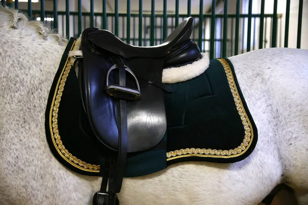 Elegante sella per cavalieri a cavallo nel fienile — Foto Stock