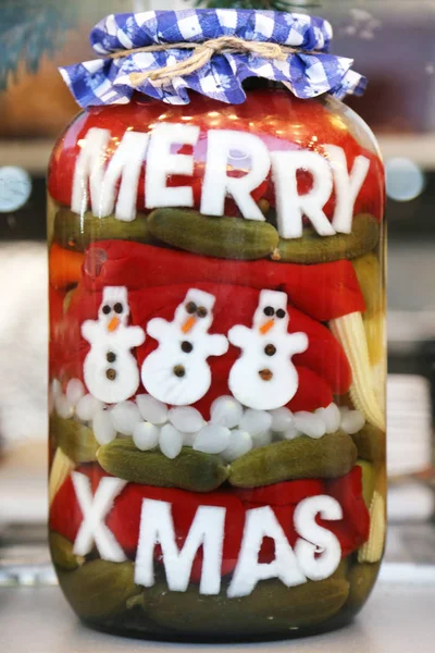 Funny jar of pickled vegetables in a hungarian christmas market — Stock Photo, Image