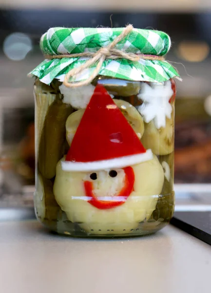 Funny jar of pickled vegetables in a hungarian christmas market — Stock Photo, Image