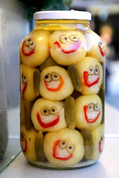 Funny jar of pickled vegetables in a hungarian christmas market