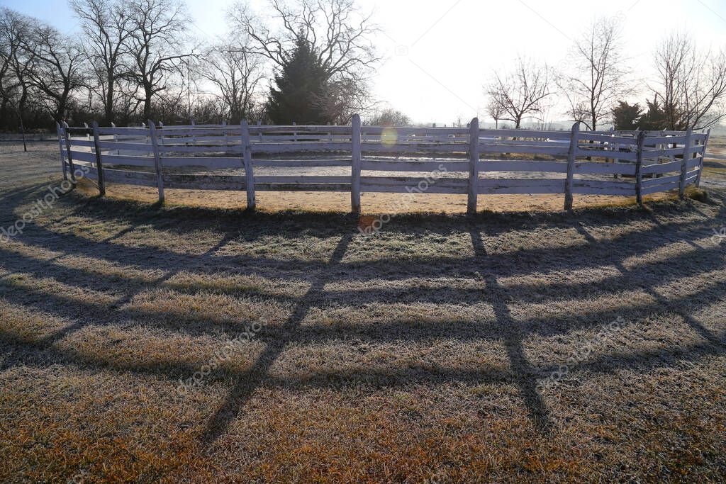 Open air round pen ready for a winter  dressage training for horses