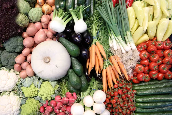 以各种蔬菜组合为背景 以农产品为背景 健康的有机收获蔬菜作为季节性厨房配料在农民市场上销售 — 图库照片
