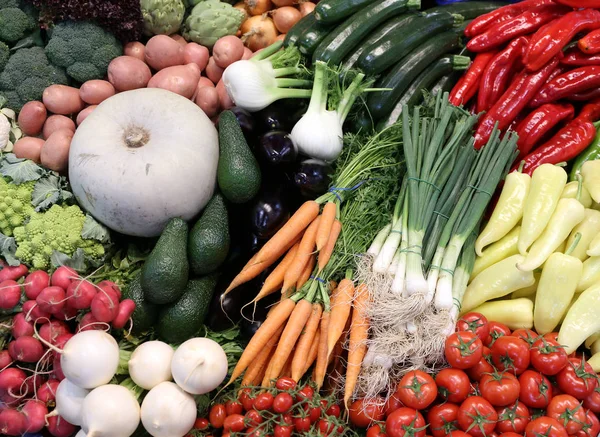 以各种蔬菜组合为背景 以农产品为背景 健康的有机收获蔬菜作为季节性厨房配料在农民市场上销售 — 图库照片