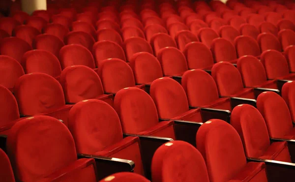 剧场里一排排排排的空荡荡的红色座位 没有访客的大厅浅水区深度 — 图库照片