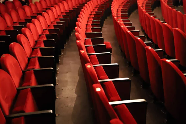 Klassiska Rader Med Tomma Rödaktiga Platser Teatern Hall Utan Besökare — Stockfoto