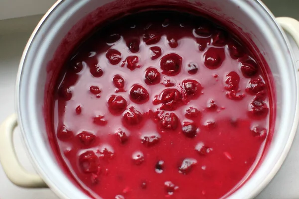 Homemade summer cherry soup  in the kitchen
