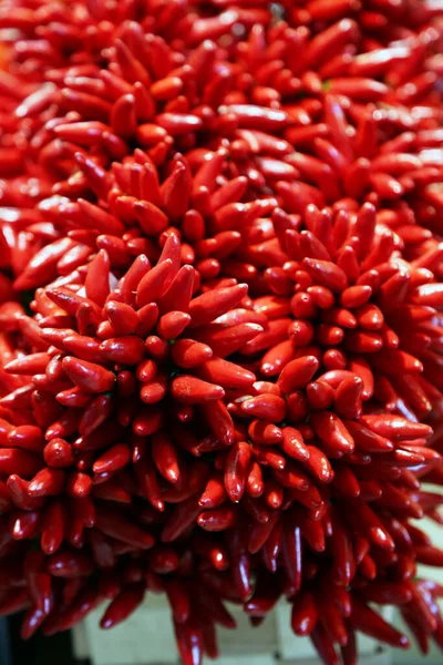 Stapel Verse Rijpe Chili Paprika Koop Groentenmarkt Als Achtergrond — Stockfoto
