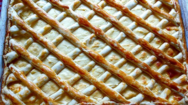Sweet Curd Cheesecake Dear Mother Baking Sheet Checkered Tablecloth — Stock Photo, Image