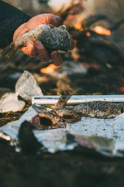 Kızarmış balık ellerinde.