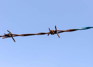 Mavi gökyüzü arka planında dikenli tel