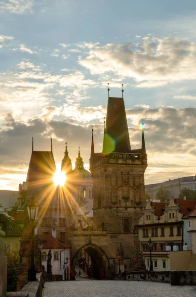 Vacker Vår Solnedgång Slottet Bron Prague Tjeckiska Republiken — Stockfoto