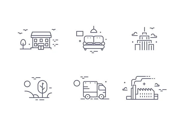 Farklı binalar simge Emlak ajansı için ayarla. Özellik koleksiyonu. İnce çizgili Tema. Düz stil.