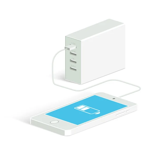 Powerbank cargando un smartphone blanco. Vista isométrica. Estilo plano vectorial . — Vector de stock