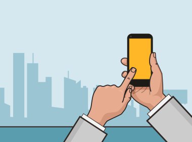Vektör düz doğrusal çizim. El ile smartphone ve şehir manzara içinde belgili tanımlık geçmiş