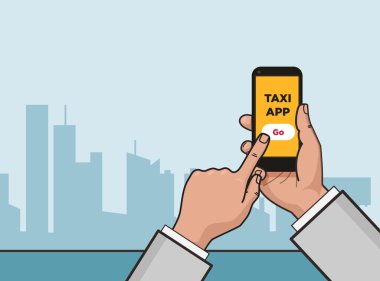 Taksi hizmeti uygulama el smartphone ve dokunmatik ekran ile. Şehir gökdelenler içinde belgili tanımlık geçmiş. Vektör düz çizim. Pop sanat tarzı
