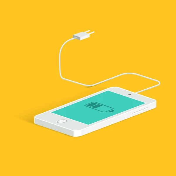 Flat vector image of phone, cable and charger. Phone charge image. Low battery. Isometric view. Vector flat style. — Stock Vector