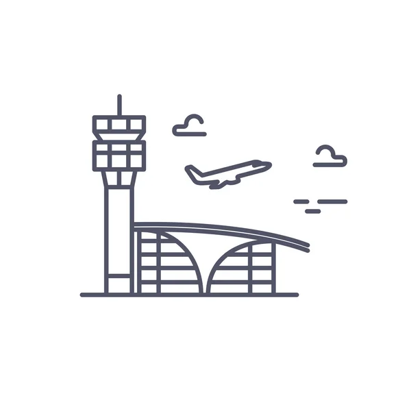 空港の建物。飛行機の離陸。ベクター線のアイコン. — ストックベクタ