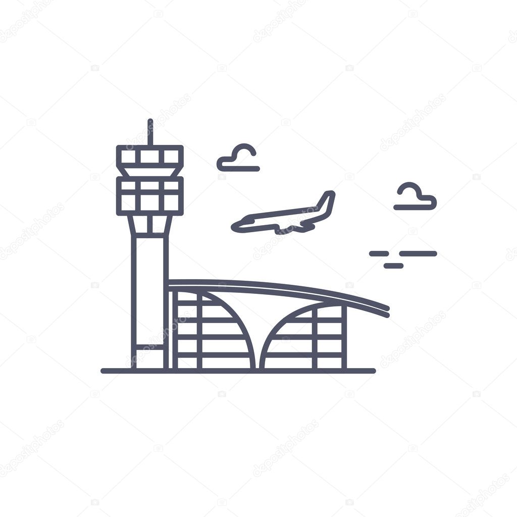 Airport building. Plane is landing. Vector line icon