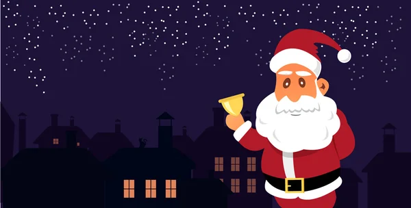 Vector Illustration of Santa Claus in front of the City. Merry Christmas banner. Flat style design. — Stock Vector