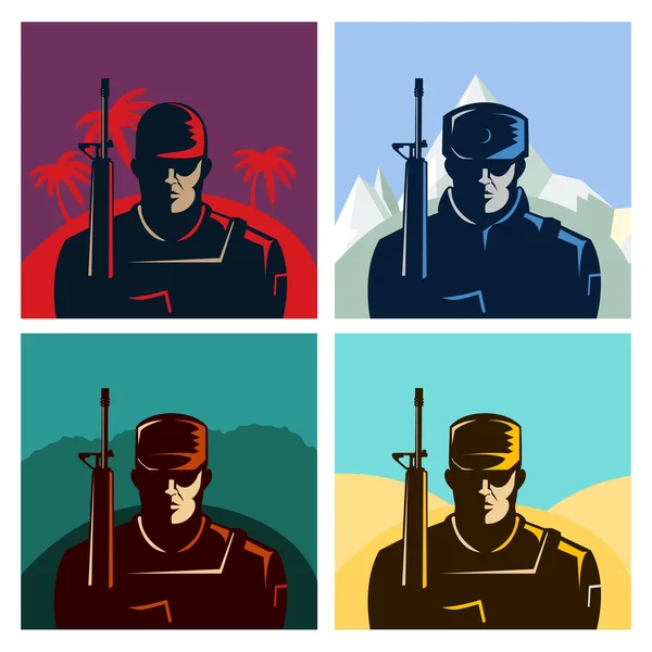 Placas de soldado o avatares listos. Silueta con rifle. Diseño plano vectorial. Marina en diferentes países . — Vector de stock