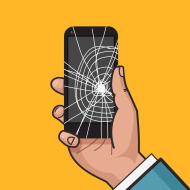 Smartphone içinde kırık bir ekran ile bir el mans. Kırık telefon. Ekranda çatlamak. Vektör çizim. Pop sanat tarzı