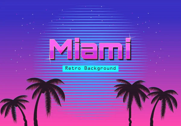 80s retro Neon degrade arka plan. Avuç içi ve güneş. TV arıza etkisi. Sci-Fi Miami beach.