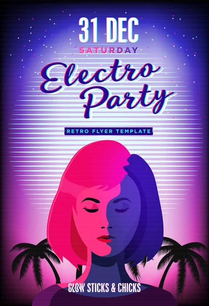 Elektro party poszter. Retro 80-as években neon háttér. Disco szórólap sablont. Voman arca. TV fénylik hatása. — Stock Vector
