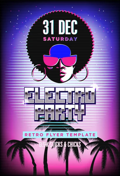 Electro partij poster. Retro 80s neon achtergrond. Disco flyer-sjabloon. Voman gezicht. TV glitch effect. — Stockvector