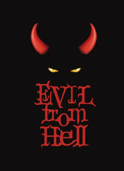 Зло из ада. Дизайн футболки, плакат. Красные рога Деви и глаза демона на темном фоне . — стоковый вектор