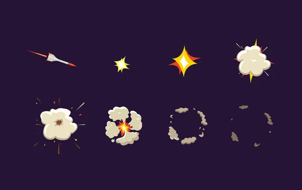 Efekti animasyon duman ile patlayabilir. Roket grev. Çizgi film patlama çerçeveler. Vektör karikatür çizim.