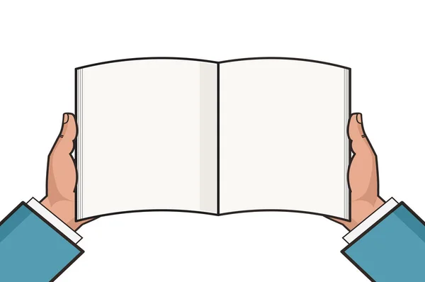 Manos con plantilla de libro en blanco abierto. Conocimiento, educación. Una maqueta plana. Ilustración vectorial . — Vector de stock