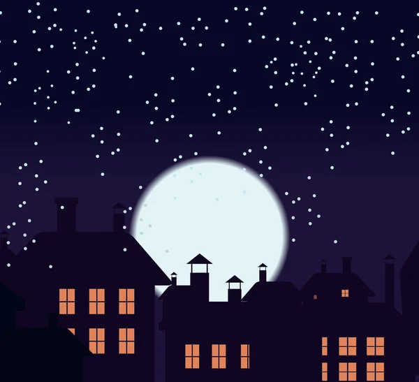 Silueta orașului și cerul de noapte cu stele și lună. Căzând zăpadă. Pisica pe acoperiș . — Vector de stoc