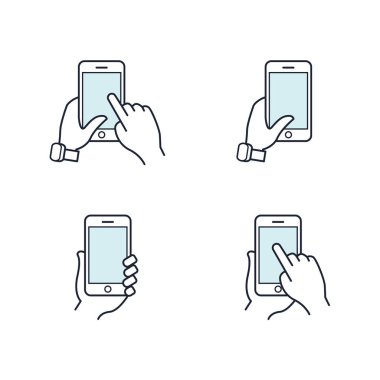 Smartphone holding eller. Düz çizgi simgesi. Vektör Icon set.