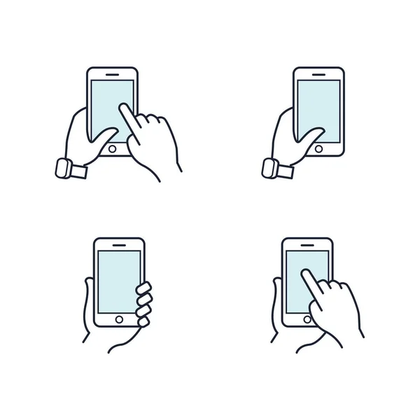 Χέρια που κρατούν το smartphone. Επίπεδη γραμμή εικονίδιο. Διάνυσμα σύνολο εικονιδίων. — Διανυσματικό Αρχείο