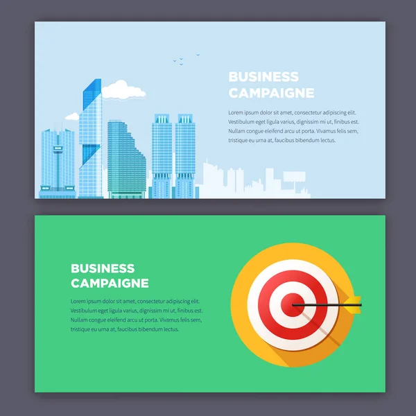 Estilo plano infografía publicidad campaña tipos concepto. Ciudad de negocios y objetivo de marketing. Sitio web conjunto de banner conceptual . — Vector de stock