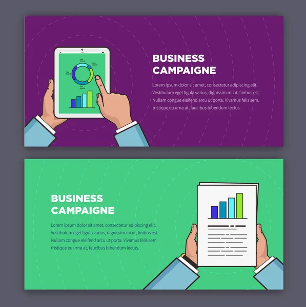 Infografía de estilo plano de campaña publicitaria. Manos sosteniendo una tableta y un informe financiero. Sitio web conjunto de banner conceptual . — Vector de stock