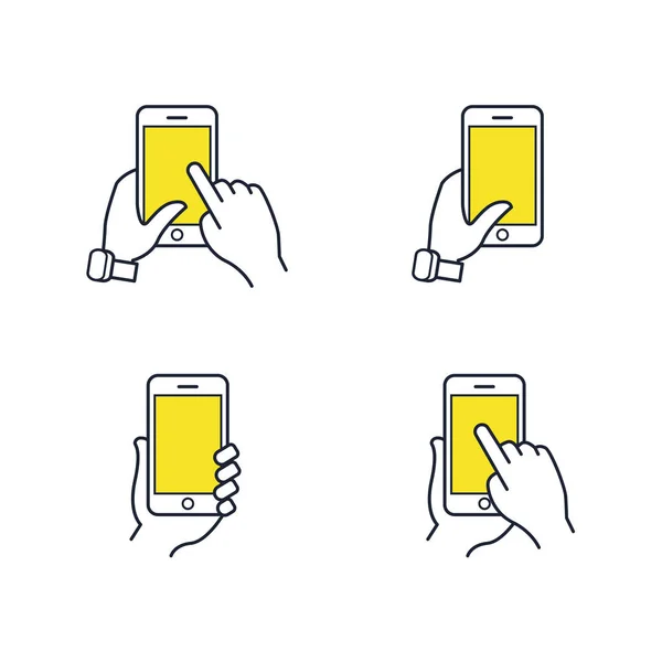 Manos sosteniendo el smartphone. Icono de línea plana. Conjunto de iconos de vector — Vector de stock