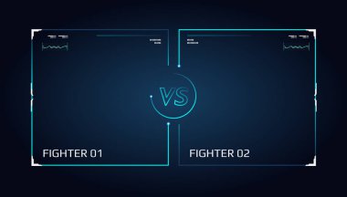 Ekran tasarımı karşı. Bir iki savaşçıları duyurusu. Mavi fütüristik neon Vs mektuplar. İnce çizgi kenarlıklar. Vektör çizim koyu arka plan üzerinde. Gelecekteki stili.