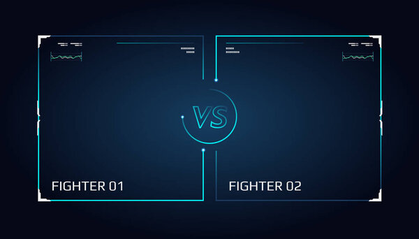 Versus screen design. Announcement of a two fighters. Blue futuristic neon VS letters. Thin line borders. Vector illustration on the dark background. Future style.