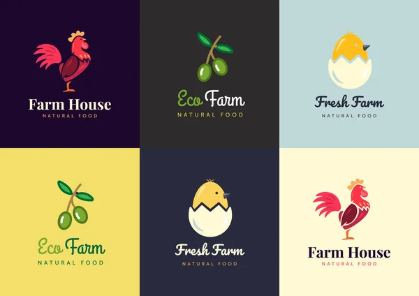 Fresh farm logos set. Vector labels for urban business with products from chicken meat, eggs and olives. — Stock Vector