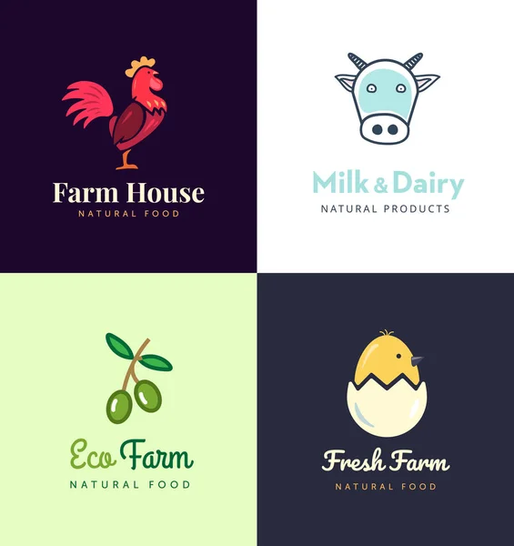 Logotipos frescos de granja. Etiquetas vectoriales para empresas con productos de carne de pollo, leche, lácteos, huevos y aceitunas . — Vector de stock