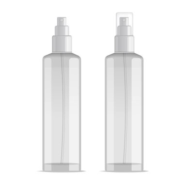 Gerçekçi şeffaf kozmetik şişe püskürtme kabı. Dağıtıcı ile cap krem, parfüm ve diğer kozmetik için. Mockup tasarım şablonu. Vektör çizim set.