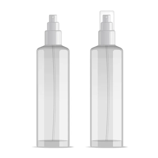 Recipiente de pulverizador de garrafa cosmético transparente realista. Distribuidor com tampa para creme, perfume e outros cosméticos. Modelo de Mockup para design. Conjunto de ilustrações vetoriais . — Vetor de Stock