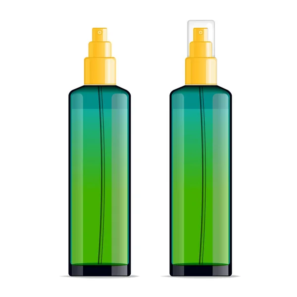 Realistic transparent cosmetic bottle sprayer container. Green gradient dispenser with yellow cap for cream, perfume, and other cosmetics. Mockup template for design. Vector illustration set. — Stock Vector