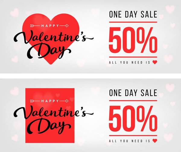 Sale header or banner set with discount offer for Happy Valentines Day celebration.